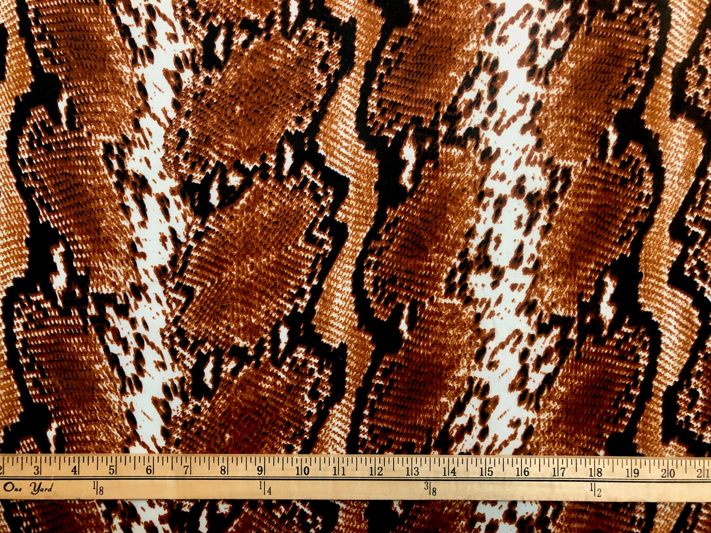 Scuba Techno Knit Fabric — Brown/Copper/Black Phyton Snakeskin Print, Soft-Touch Double Knit, 4-Way Stretch, 56″ Wide, 220 GSM — By the Yard (SCTPR014)