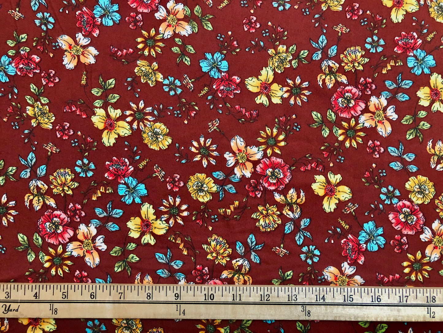 DTY Brushed Fabric-Rust Red Yellow Blue Water Colored Flowers-DTYBPR151-Sold by the Yard-Jersey Fabric