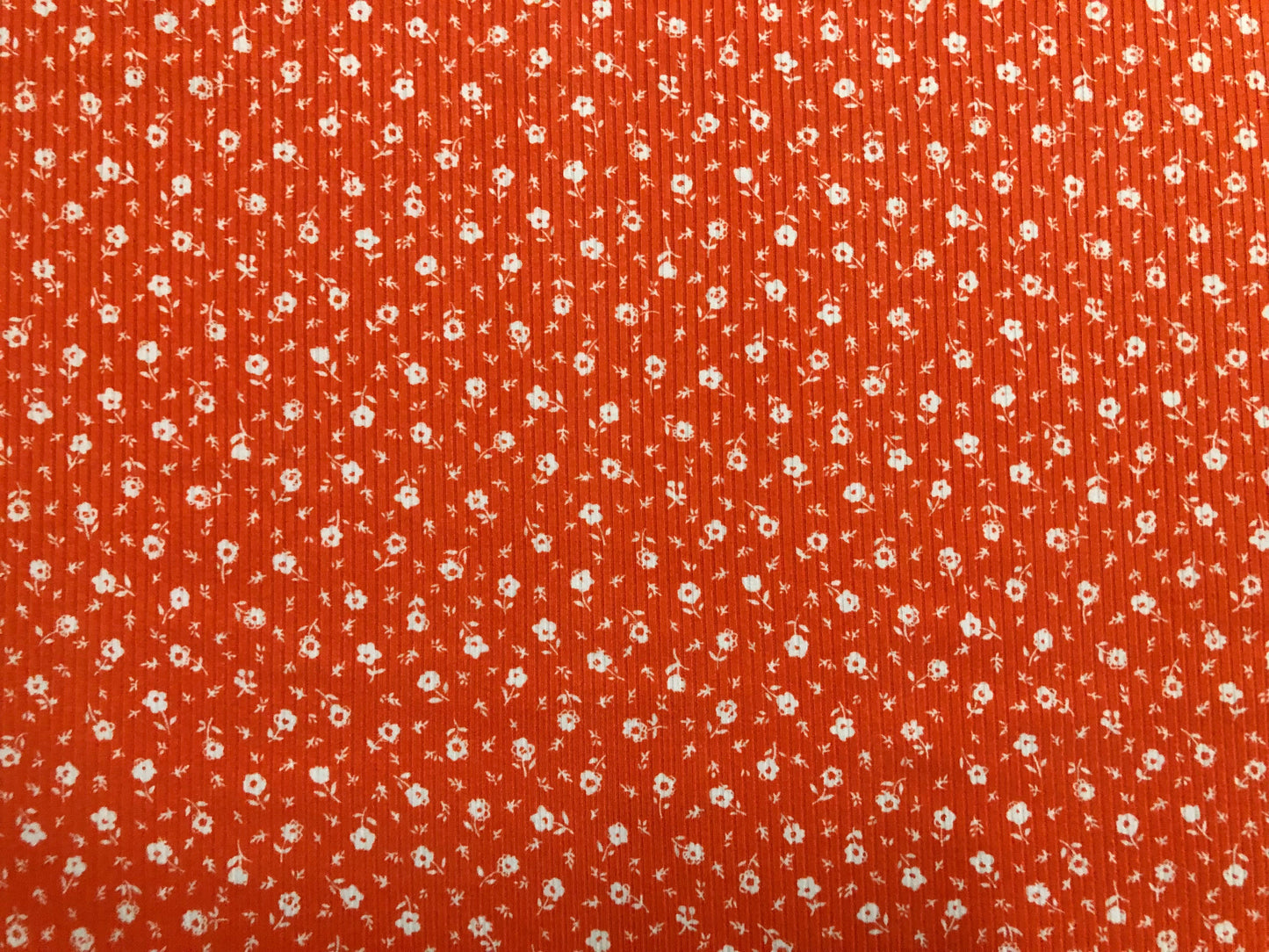 Soft 4-Way Stretch Rib Knit – Orange & White Ditsy Floral-60” Wide-Poly/Rayon/Spandex, Sold by the Yard (PRRPR098)