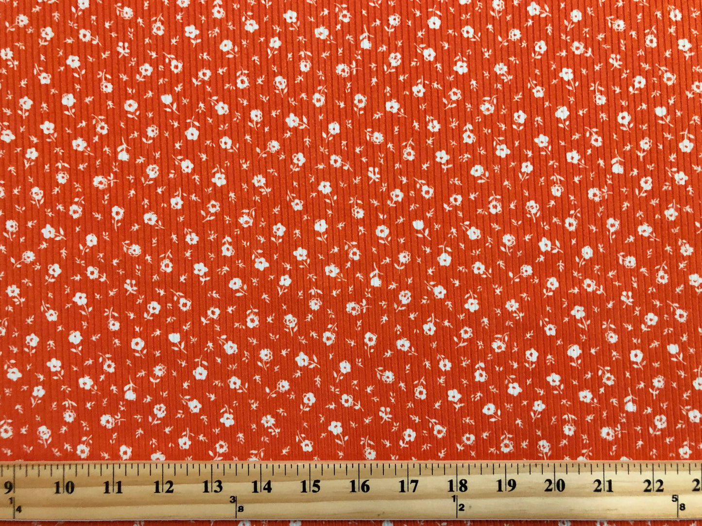 Soft 4-Way Stretch Rib Knit – Orange & White Ditsy Floral-60” Wide-Poly/Rayon/Spandex, Sold by the Yard (PRRPR098)