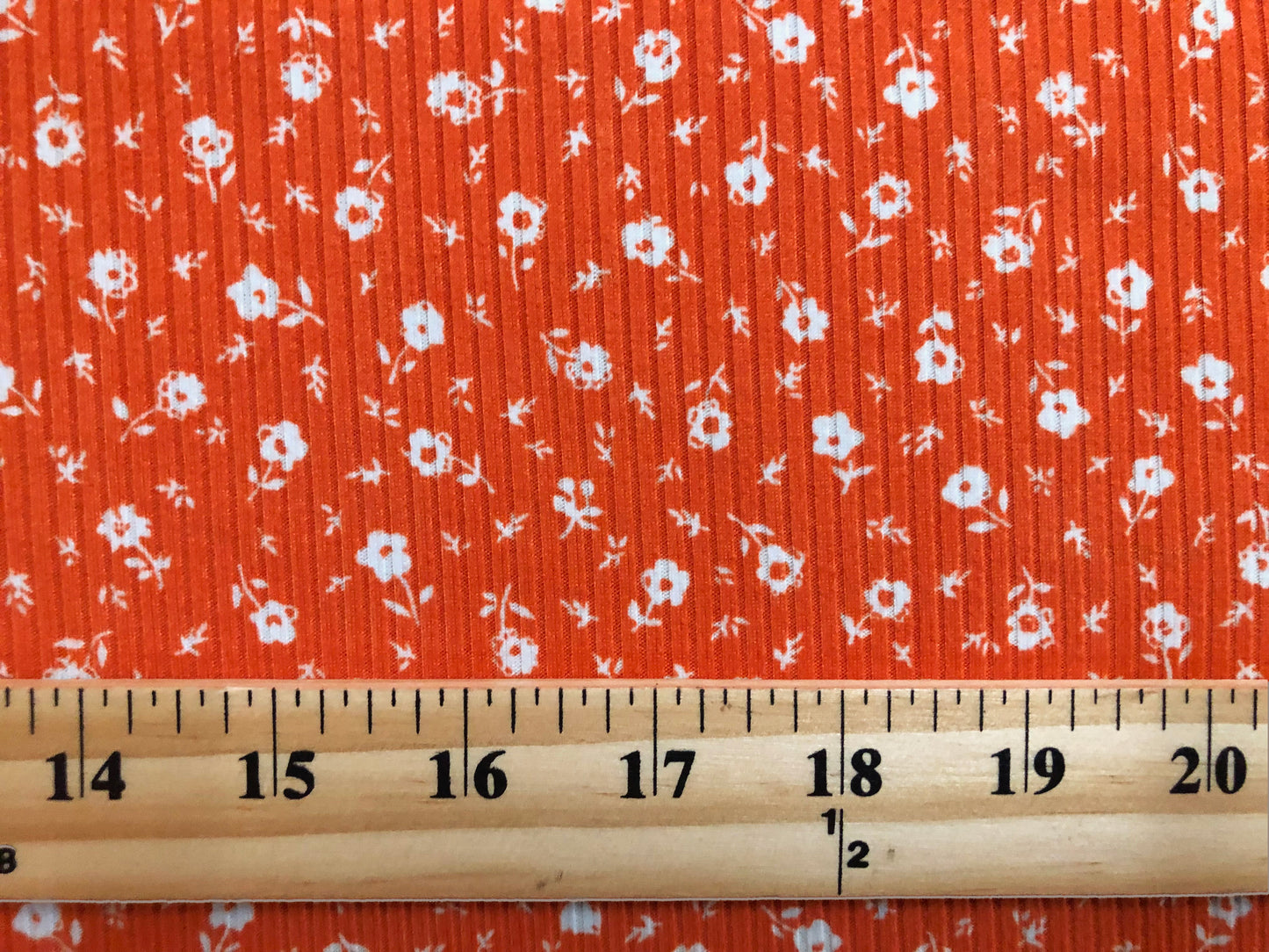 Soft 4-Way Stretch Rib Knit – Orange & White Ditsy Floral-60” Wide-Poly/Rayon/Spandex, Sold by the Yard (PRRPR098)