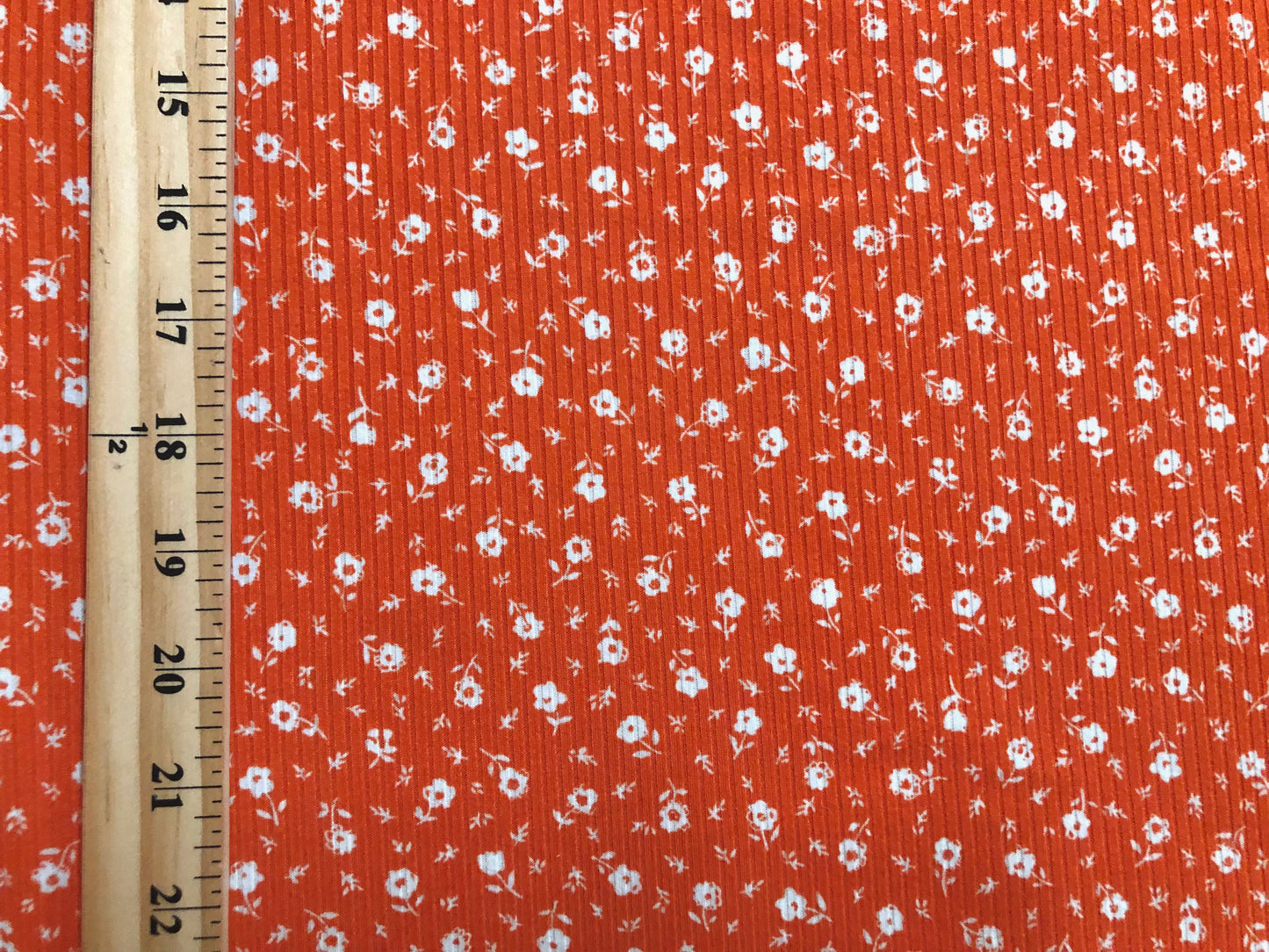 Soft 4-Way Stretch Rib Knit – Orange & White Ditsy Floral-60” Wide-Poly/Rayon/Spandex, Sold by the Yard (PRRPR098)