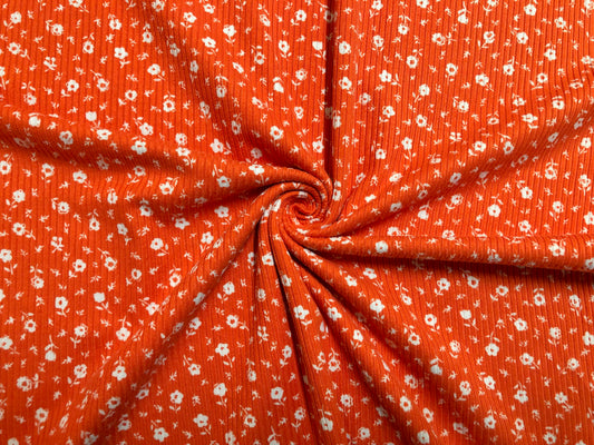 Soft 4-Way Stretch Rib Knit – Orange & White Ditsy Floral-60” Wide-Poly/Rayon/Spandex, Sold by the Yard (PRRPR098)
