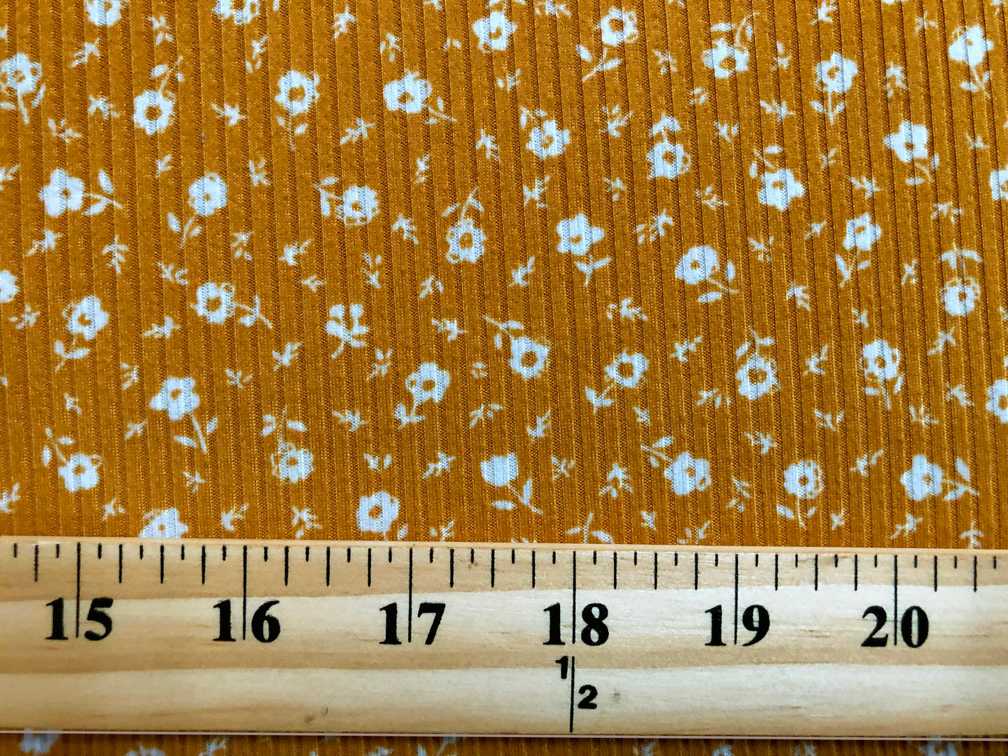 Luxe Soft Rib Knit – Mustard Ochre Ditsy Floral -4 Way Stretch-60" Wide-Poly/Rayon/Spandex, Sold by the Yard (PRRPR097)