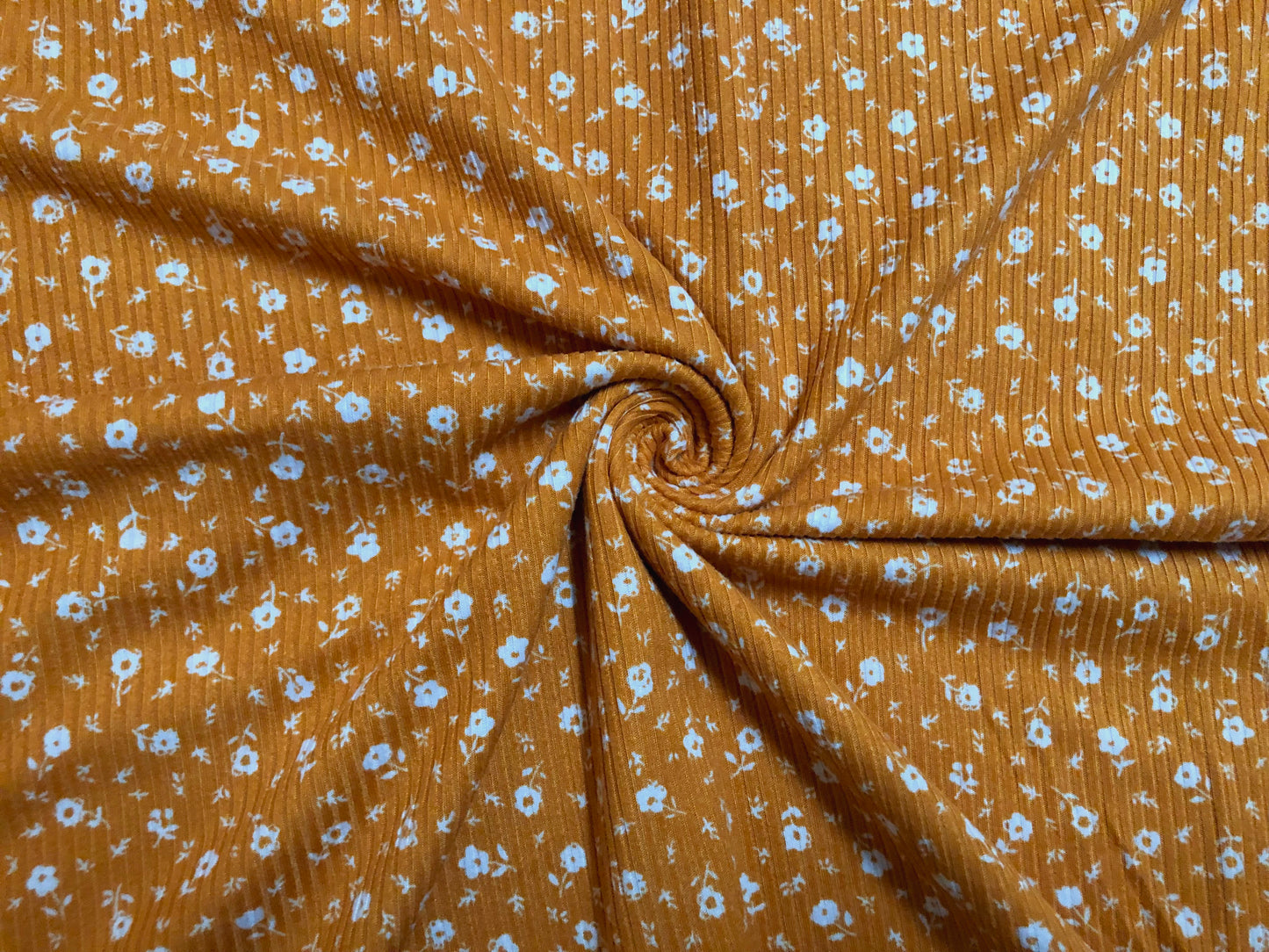 Luxe Soft Rib Knit – Mustard Ochre Ditsy Floral -4 Way Stretch-60" Wide-Poly/Rayon/Spandex, Sold by the Yard (PRRPR097)