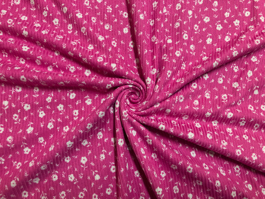 Soft Rib Knit Ditsy Floral – Fuchsia Pink & White- 4 Way Stretch-60" Wide-Poly/Rayon/Spandex by the Yard (PRRPR099)