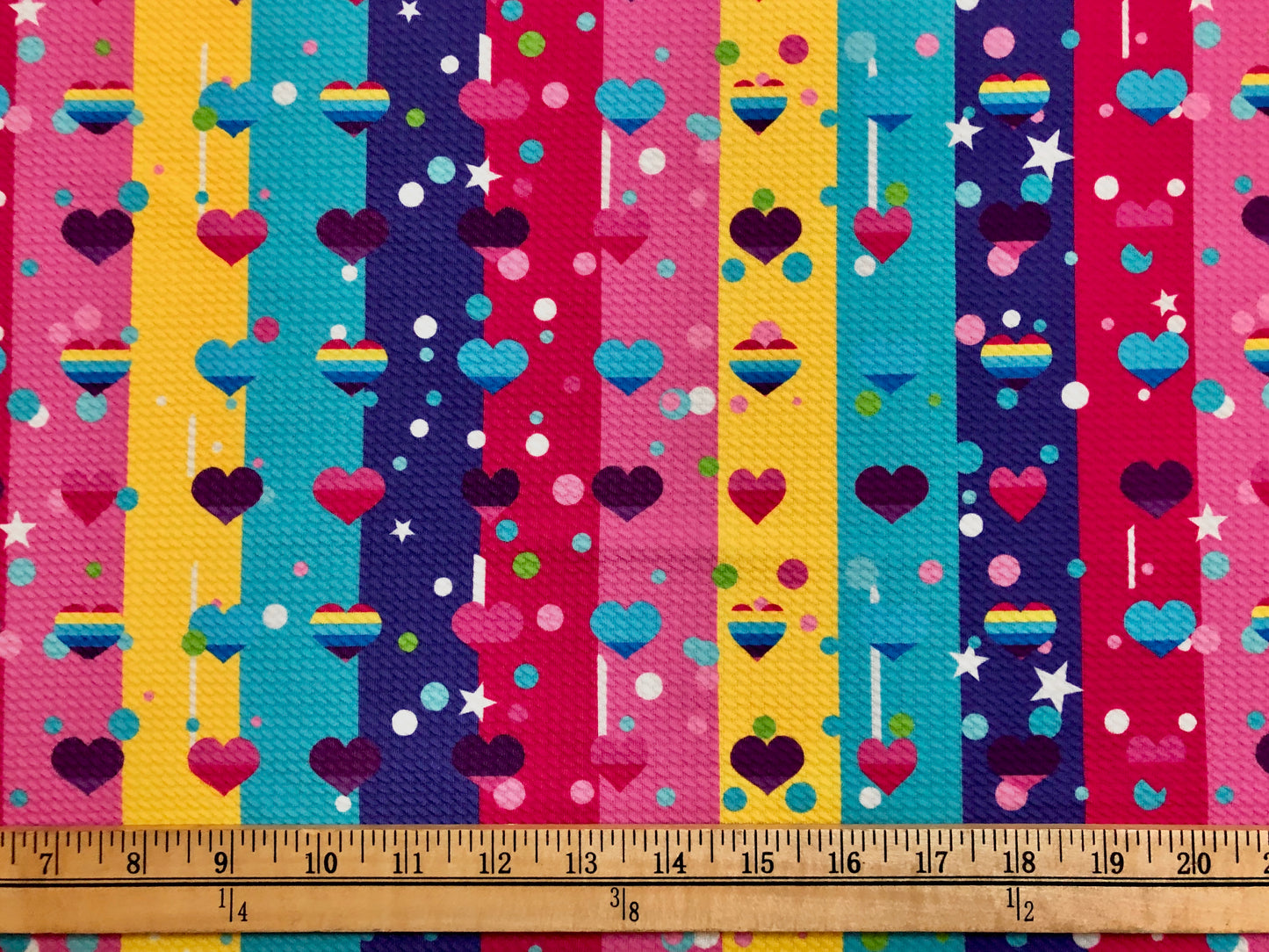 Bullet Knit Fabric – Vibrant Yellow, Purple & Aqua Rainbow Vertical Stripes Print, 56″ Wide, Sold by the Yard (BPR165)