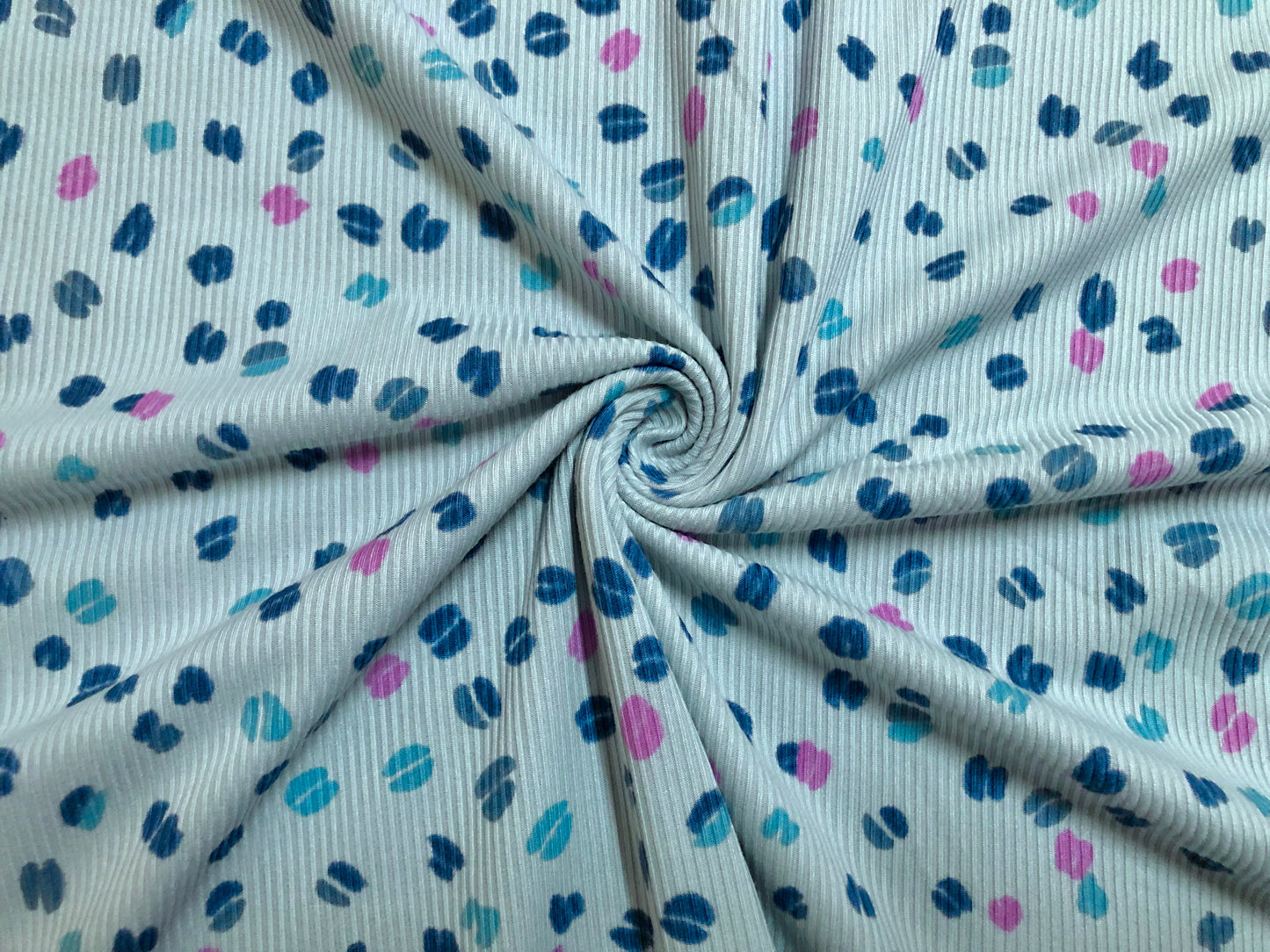 Baby Blue Magenta Teal Navy Blue Lips and Hearts Poly Rayon Spandex Rib 1X1 Print Fabric
