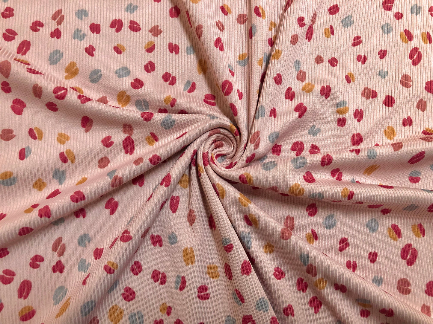 Pink Red Gray Mustard Lips and Hearts Poly Rayon Spandex Rib 1X1 Print Fabric