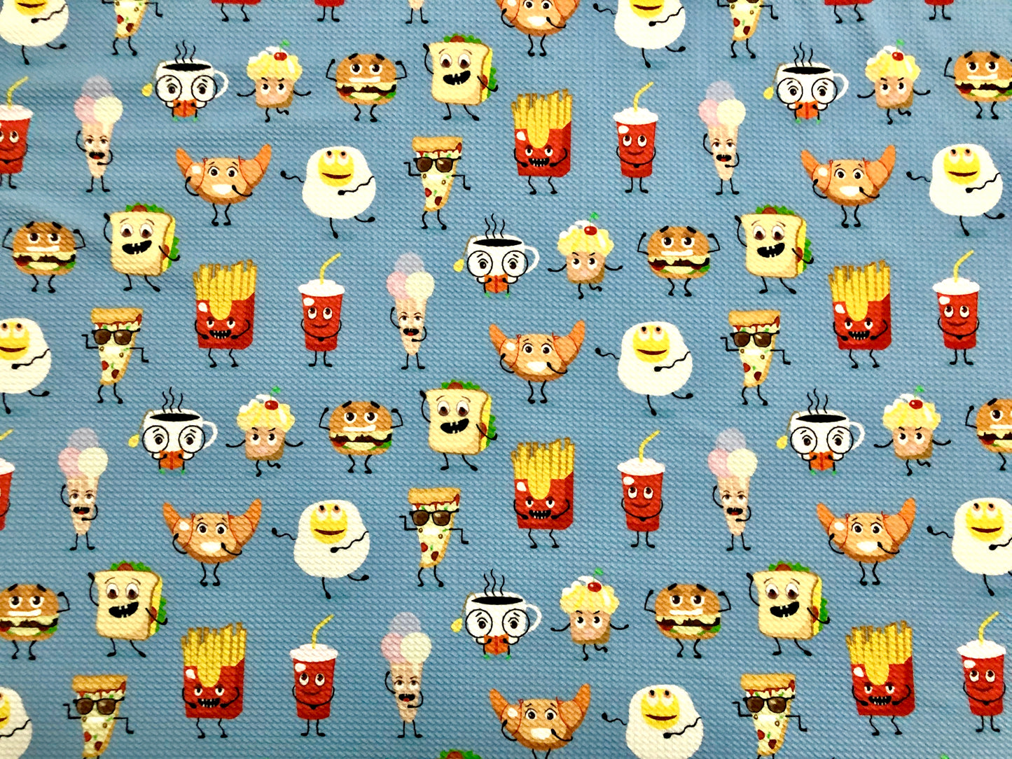 Bullet Knit Fabric – Adorable Breakfast Party Print in Blue, Yellow, & Red, 56″ Wide, Sold by the Yard (BPR174)