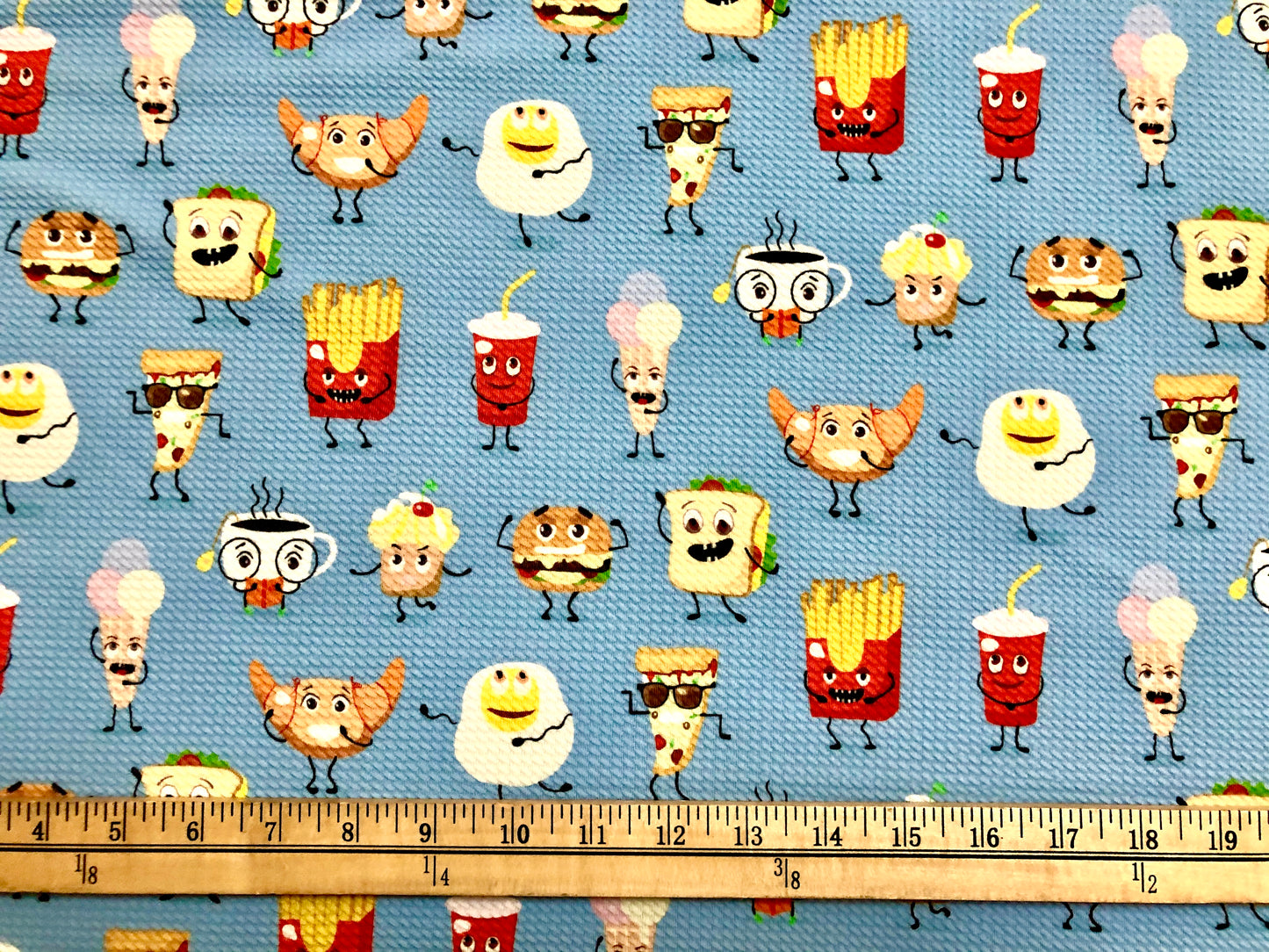 Bullet Knit Fabric – Adorable Breakfast Party Print in Blue, Yellow, & Red, 56″ Wide, Sold by the Yard (BPR174)
