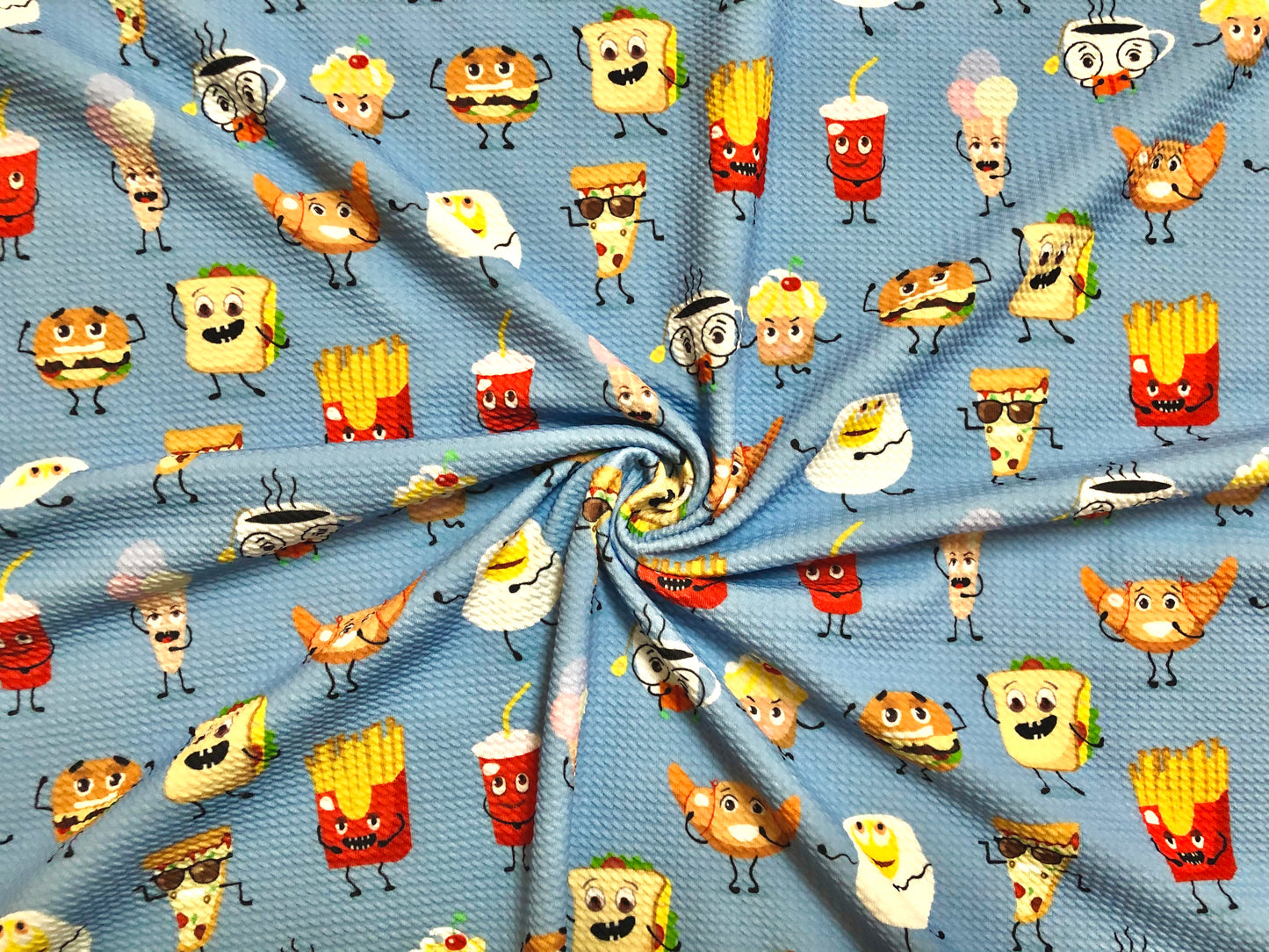 Bullet Knit Fabric – Adorable Breakfast Party Print in Blue, Yellow, & Red, 56″ Wide, Sold by the Yard (BPR174)