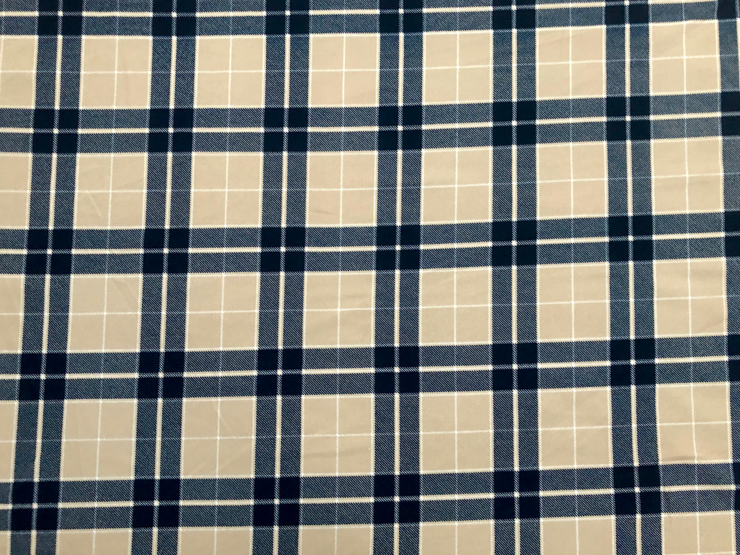 Techno Crepe Knit Fabric – 4-Way Stretch, Silky Drape, Wrinkle-Resistant, 56″ Wide, 240 GSM – Navy/Beige/White Plaid Check – Sold by the Yard (TCRP07)