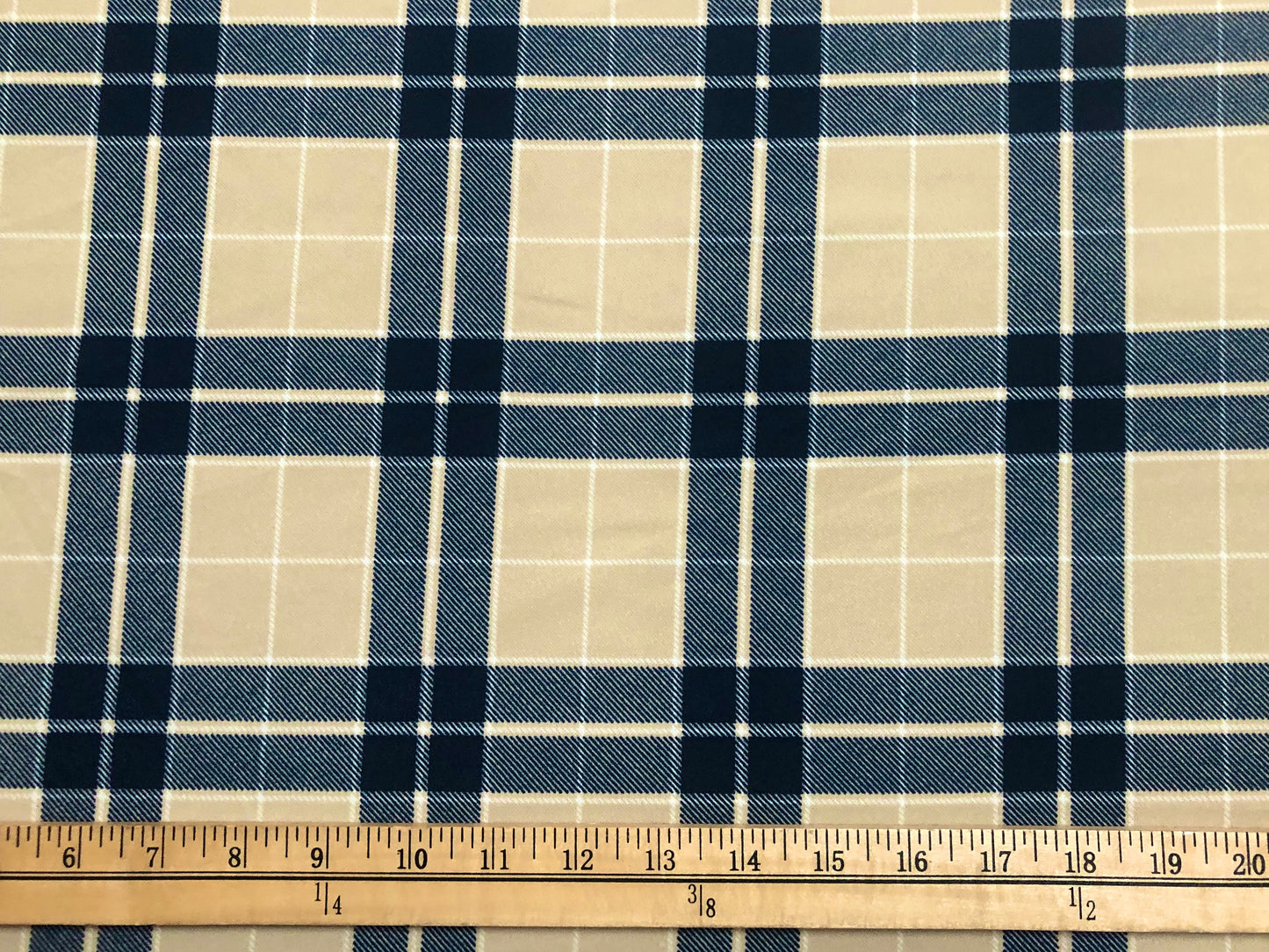 Techno Crepe Knit Fabric – 4-Way Stretch, Silky Drape, Wrinkle-Resistant, 56″ Wide, 240 GSM – Navy/Beige/White Plaid Check – Sold by the Yard (TCRP07)