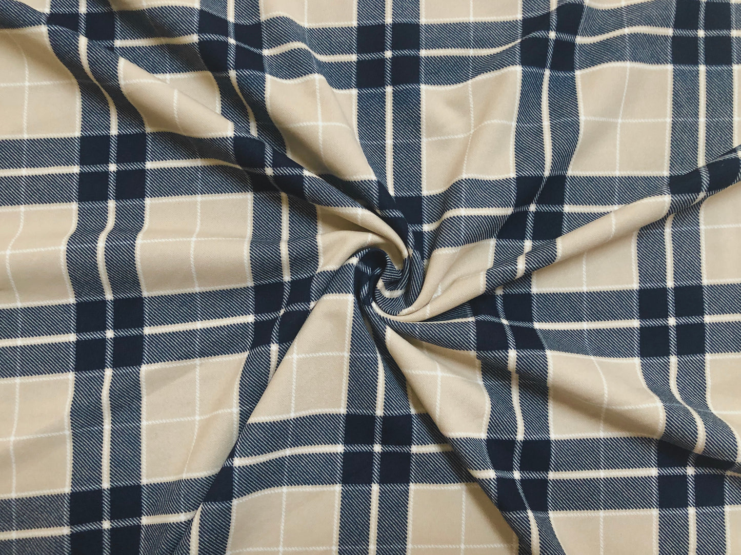 Techno Crepe Knit Fabric – 4-Way Stretch, Silky Drape, Wrinkle-Resistant, 56″ Wide, 240 GSM – Navy/Beige/White Plaid Check – Sold by the Yard (TCRP07)
