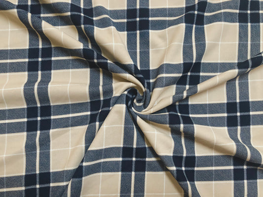 Techno Crepe Knit Fabric – 4-Way Stretch, Silky Drape, Wrinkle-Resistant, 56″ Wide, 240 GSM – Navy/Beige/White Plaid Check – Sold by the Yard (TCRP07)
