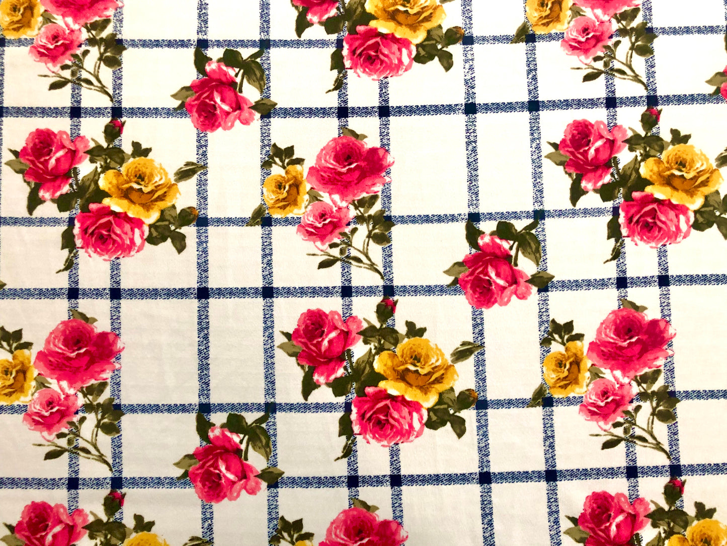 Techno Crepe Fabric-Ivory Red Gold Roses Navy Blue Plaid-TCRP05-Sold by the Yard