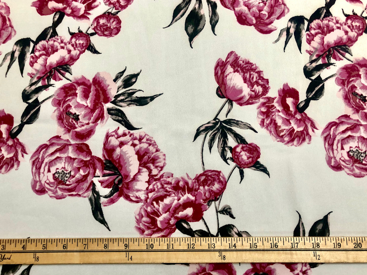 Scuba Techno Knit Fabric — White with Fuchsia/Rose Peony Floral, Soft-Touch Double Knit, 4-Way Stretch, 56″ Wide, 220 GSM — By the Yard (SCTPR021)