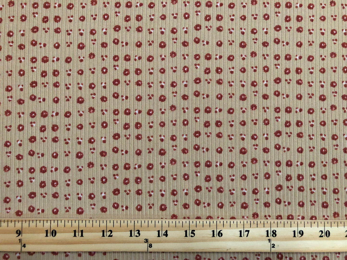 Beige Burgundy White 1/8" Flowers Rayon Spandex Rib 2X2 Print Fabric