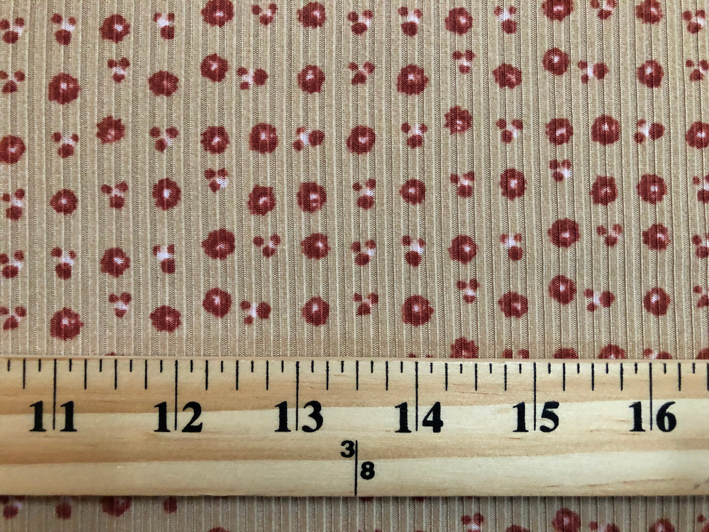 Beige Burgundy White 1/8" Flowers Rayon Spandex Rib 2X2 Print Fabric