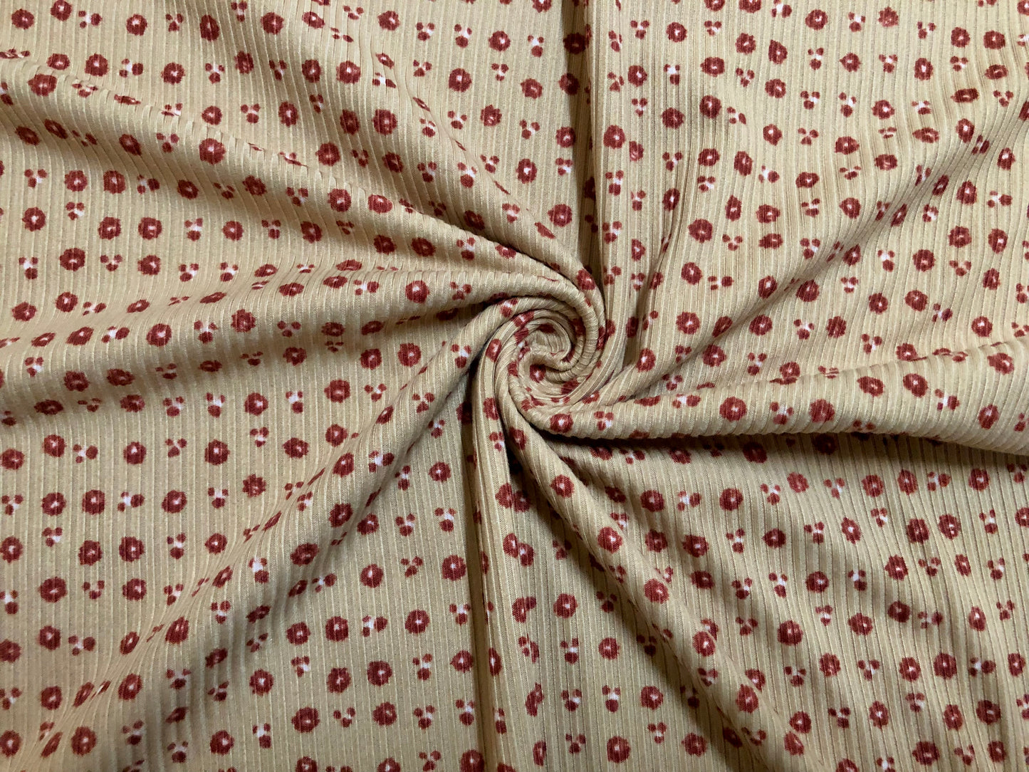Beige Burgundy White 1/8" Flowers Rayon Spandex Rib 2X2 Print Fabric
