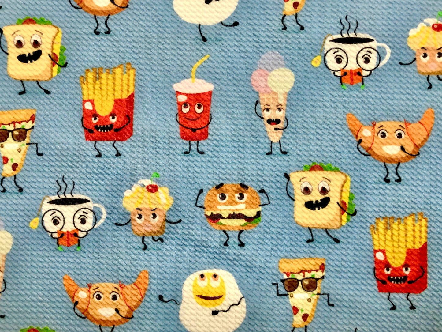 Bullet Knit Fabric – Adorable Breakfast Party Print in Blue, Yellow, & Red, 56″ Wide, Sold by the Yard (BPR174)