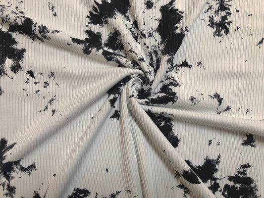 Luxury Rib Knit Tie-Dye Fabric – Black & Ivory – 4-Way Stretch – Poly/Rayon/Spandex – 60" Wide – Sold by the Yard (PRRTD05)