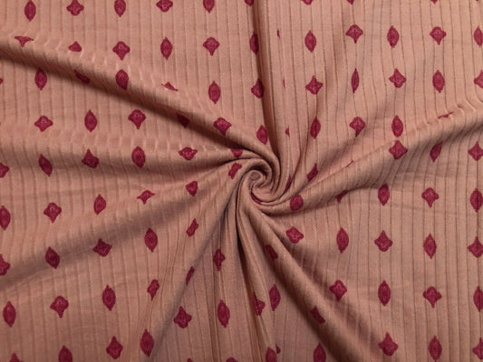 Soft Stretch Rib Knit by the Yard – Mauve Pink & Red Geo Dot –4-Way Stretch, 60” Wide, Sold by the Yard (PRRPR091)