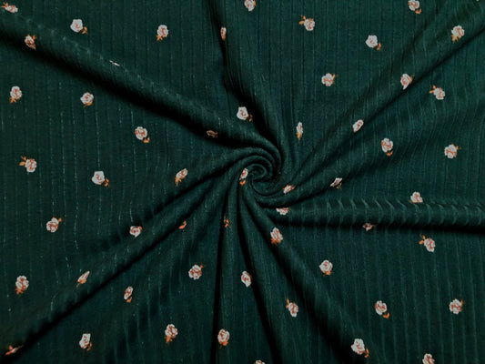 Soft Rib Knit – Forest Green Rosebud Floral, 4-Way Stretch, 60" Wide – Poly/Rayon/Spandex by the Yard (PRRPR090)
