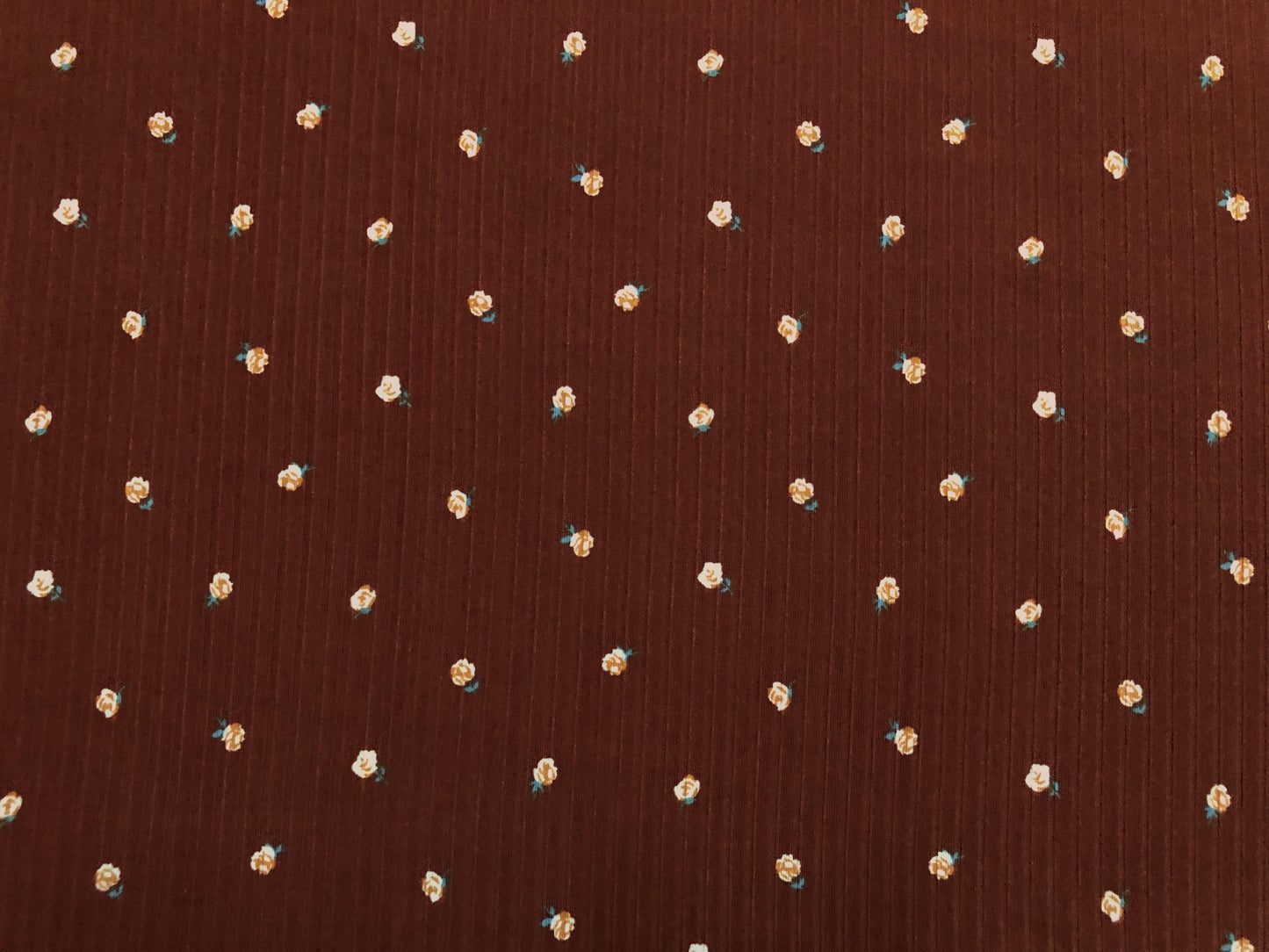 Soft Rib Knit Fabric – Camel Brown with Ivory Rose Buds, 60” Wide, 4 Way Stretch Poly/Rayon/Spandex- Sold by the Yard (PRRPR092)