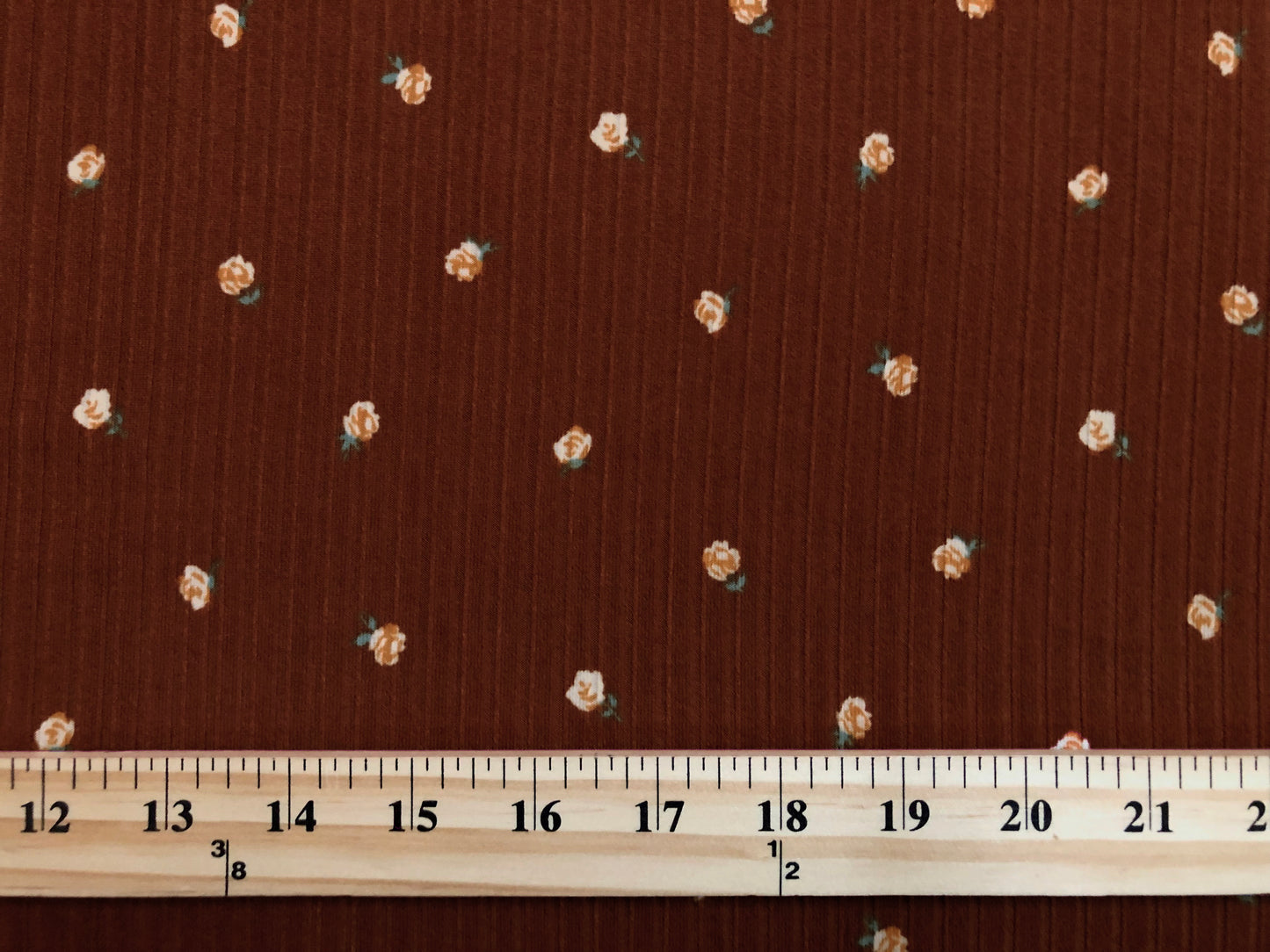 Soft Rib Knit Fabric – Camel Brown with Ivory Rose Buds, 60” Wide, 4 Way Stretch Poly/Rayon/Spandex- Sold by the Yard (PRRPR092)