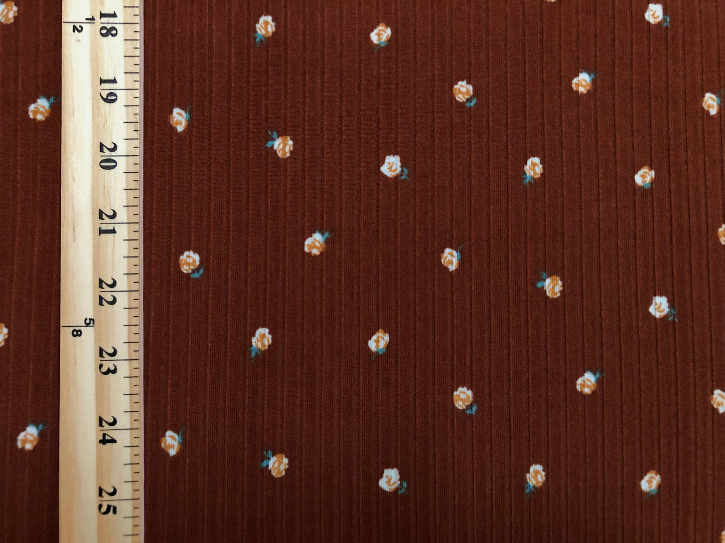 Soft Rib Knit Fabric – Camel Brown with Ivory Rose Buds, 60” Wide, 4 Way Stretch Poly/Rayon/Spandex- Sold by the Yard (PRRPR092)