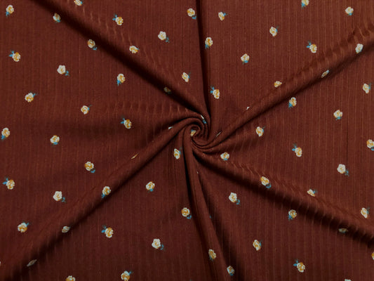 Soft Rib Knit Fabric – Camel Brown with Ivory Rose Buds, 60” Wide, 4 Way Stretch Poly/Rayon/Spandex- Sold by the Yard (PRRPR092)