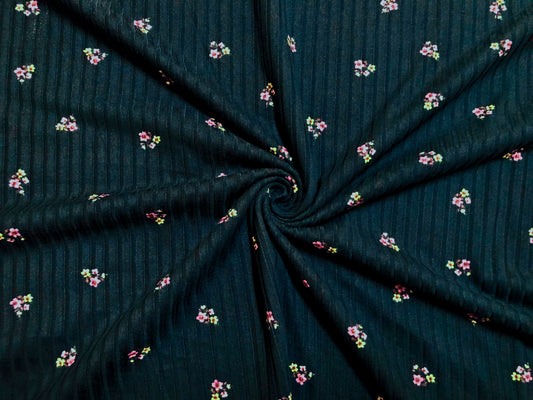 Soft Rib Knit – Deep Teal Mini Floral • 4-Way Stretch • 60" Wide • Poly/Rayon/Spandex by the Yard (PRRPR093)