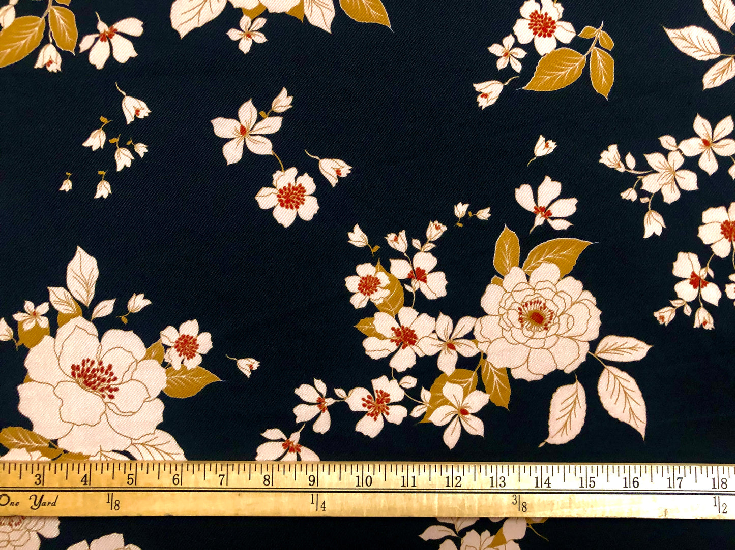 Golden Blossom Floral Rayon Twill — 56" Wide — 64% Polyester / 34% Rayon / 2% Spandex — Sold by the Yard (PRSPR04)