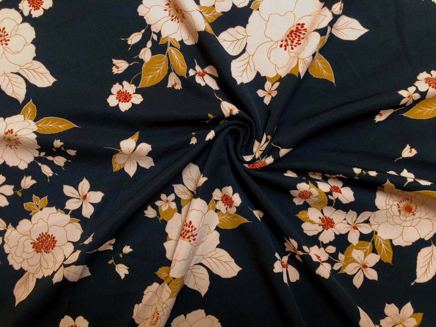 Golden Blossom Floral Rayon Twill — 56" Wide — 64% Polyester / 34% Rayon / 2% Spandex — Sold by the Yard (PRSPR04)