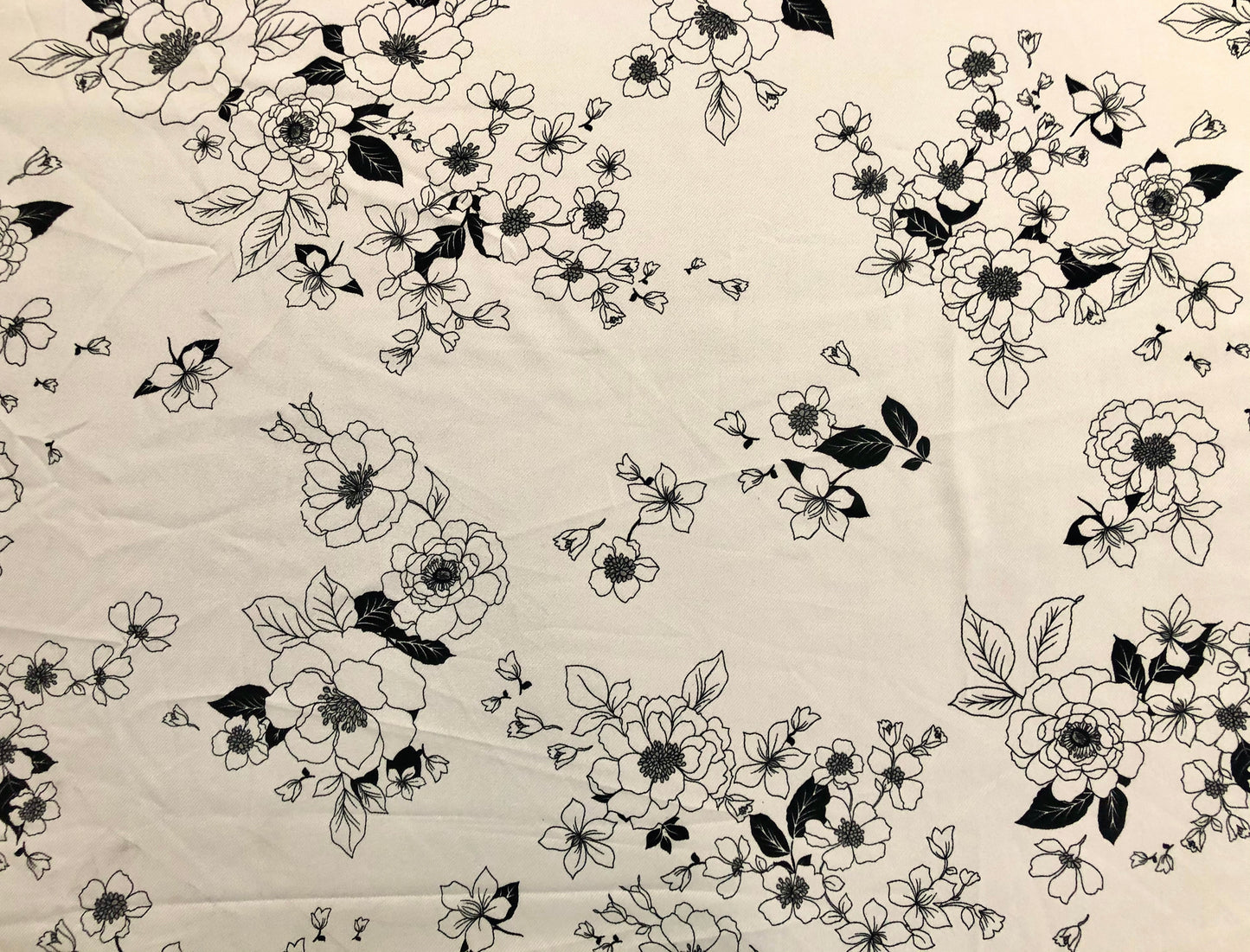 Monochrome Floral Rayon Twill Fabric — Black & White Line‑Art Print — 56" Wide — 64% Polyester / 34% Rayon / 2% Spandex — Sold by the Yard (PRSPR06)