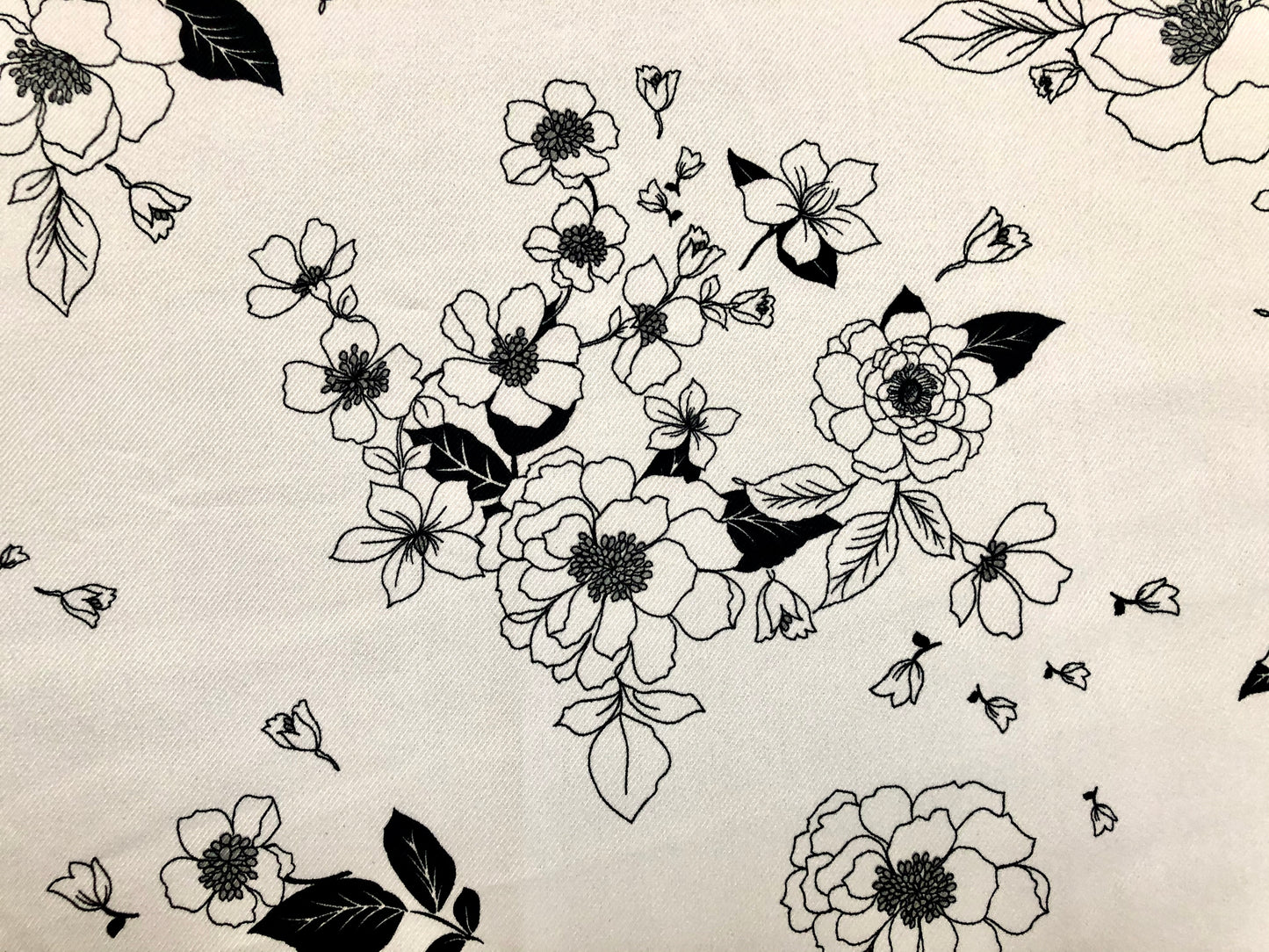 Monochrome Floral Rayon Twill Fabric — Black & White Line‑Art Print — 56" Wide — 64% Polyester / 34% Rayon / 2% Spandex — Sold by the Yard (PRSPR06)