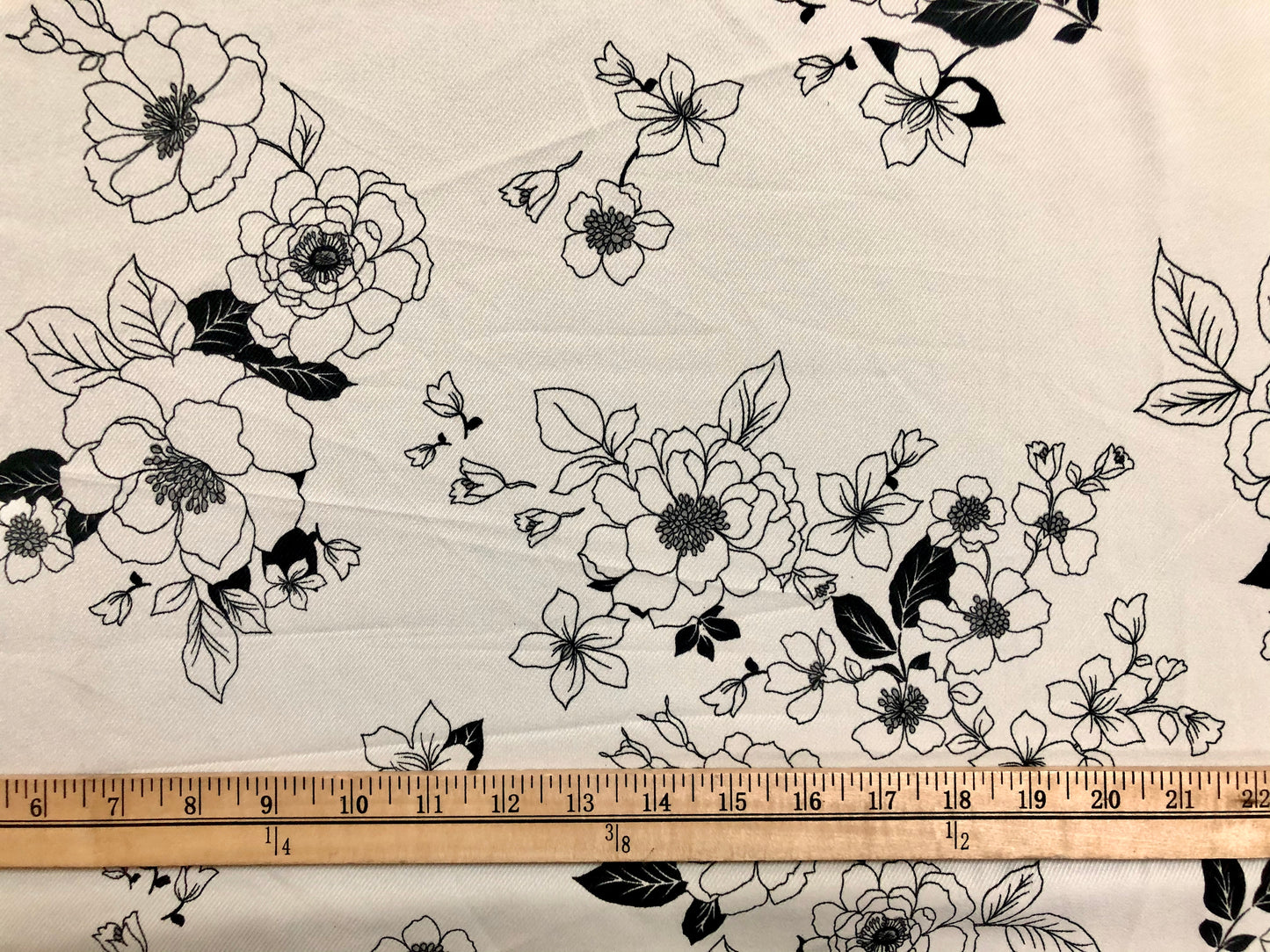 Monochrome Floral Rayon Twill Fabric — Black & White Line‑Art Print — 56" Wide — 64% Polyester / 34% Rayon / 2% Spandex — Sold by the Yard (PRSPR06)
