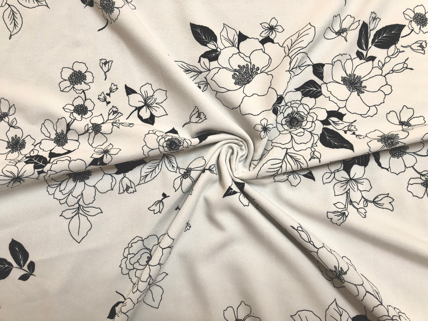 Monochrome Floral Rayon Twill Fabric — Black & White Line‑Art Print — 56" Wide — 64% Polyester / 34% Rayon / 2% Spandex — Sold by the Yard (PRSPR06)
