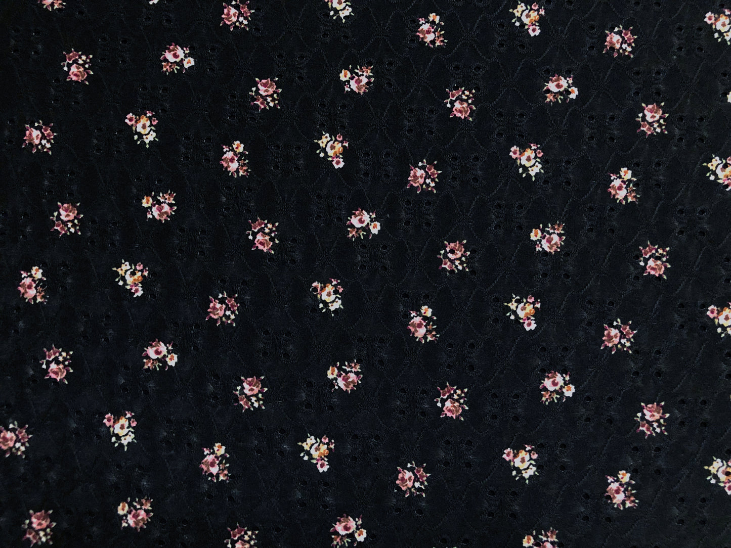 DTY Eyelet Fabric-Black Pink Maroon 3/4" Flowers-DTYBPR523-Sold by the Yard-Apparel Fabric