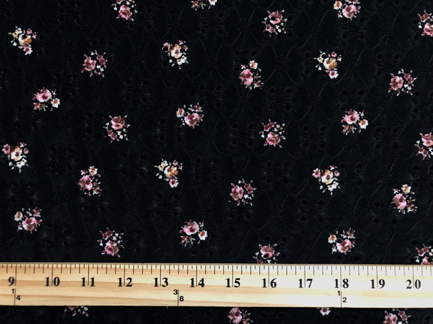 DTY Eyelet Fabric-Black Pink Maroon 3/4" Flowers-DTYBPR523-Sold by the Yard-Apparel Fabric