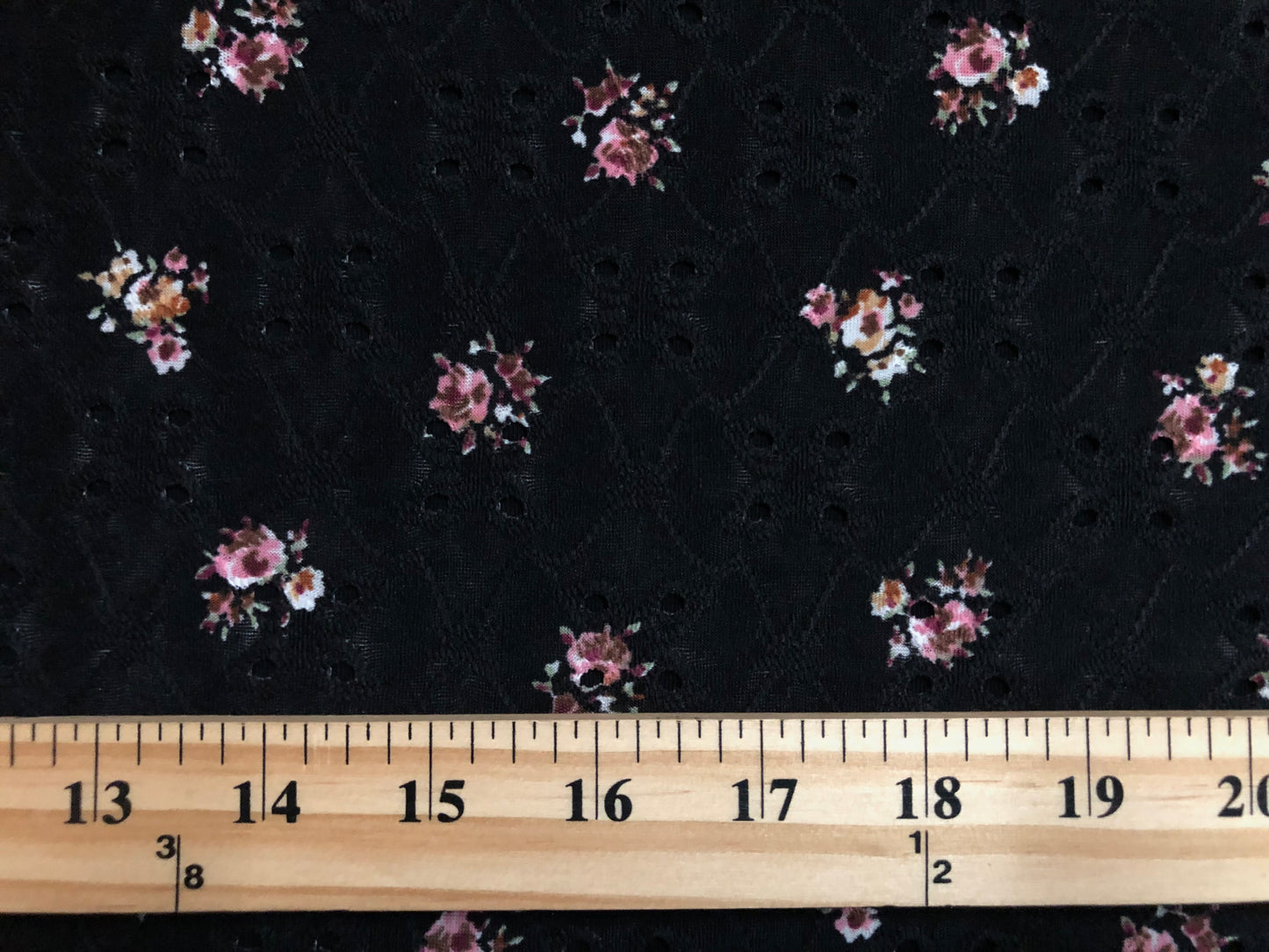 DTY Eyelet Fabric-Black Pink Maroon 3/4" Flowers-DTYBPR523-Sold by the Yard-Apparel Fabric