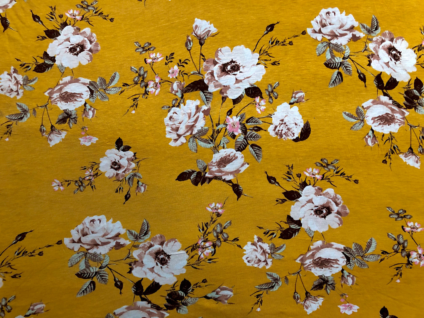 Golden Mustard Rayon Spandex Jersey – Buttery-Soft Drape, Comfy Stretch – Vintage Floral Print – 56" Wide – By the Yard (RSPR08)