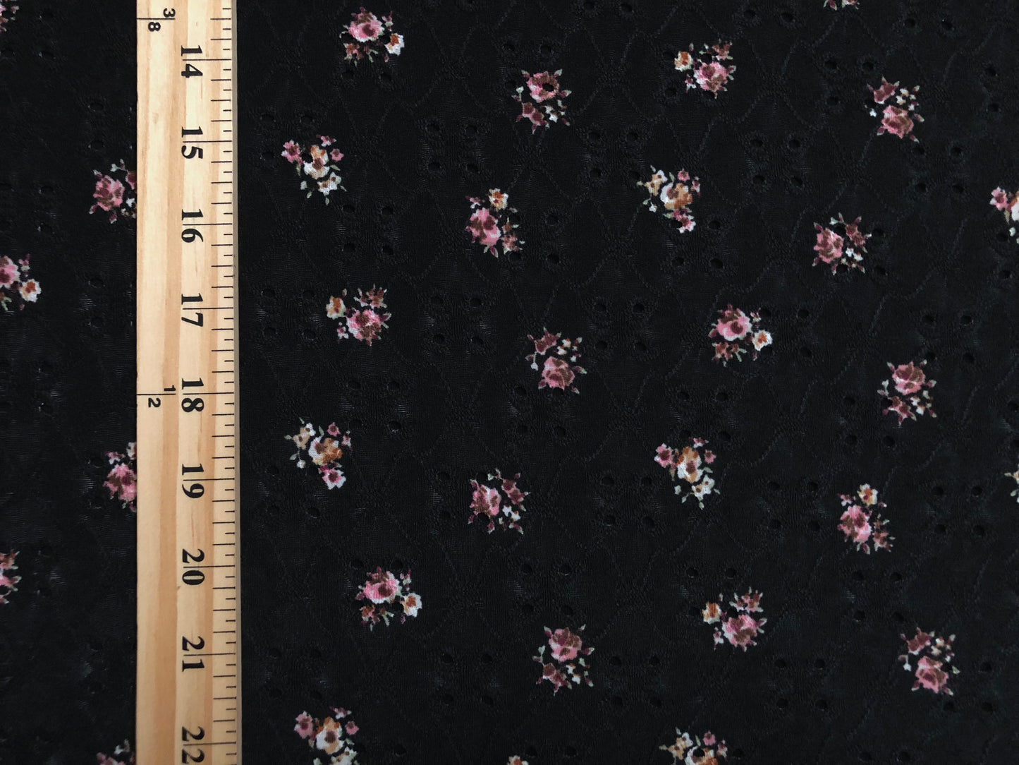 DTY Eyelet Fabric-Black Pink Maroon 3/4" Flowers-DTYBPR523-Sold by the Yard-Apparel Fabric