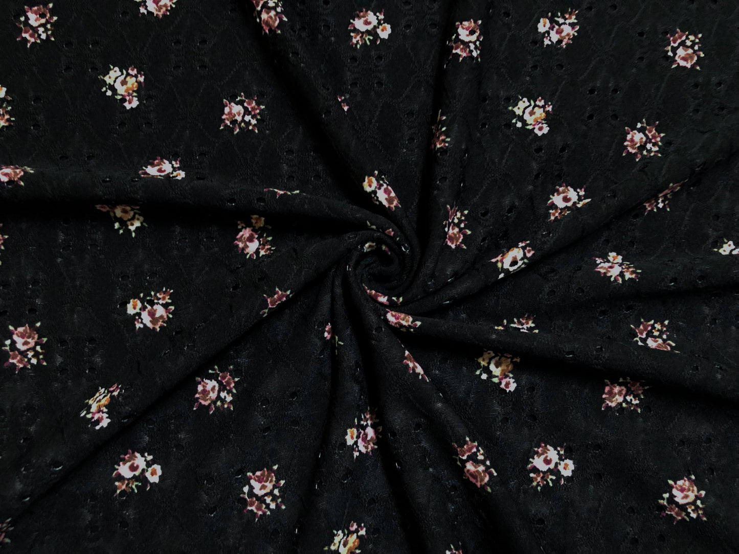 DTY Eyelet Fabric-Black Pink Maroon 3/4" Flowers-DTYBPR523-Sold by the Yard-Apparel Fabric