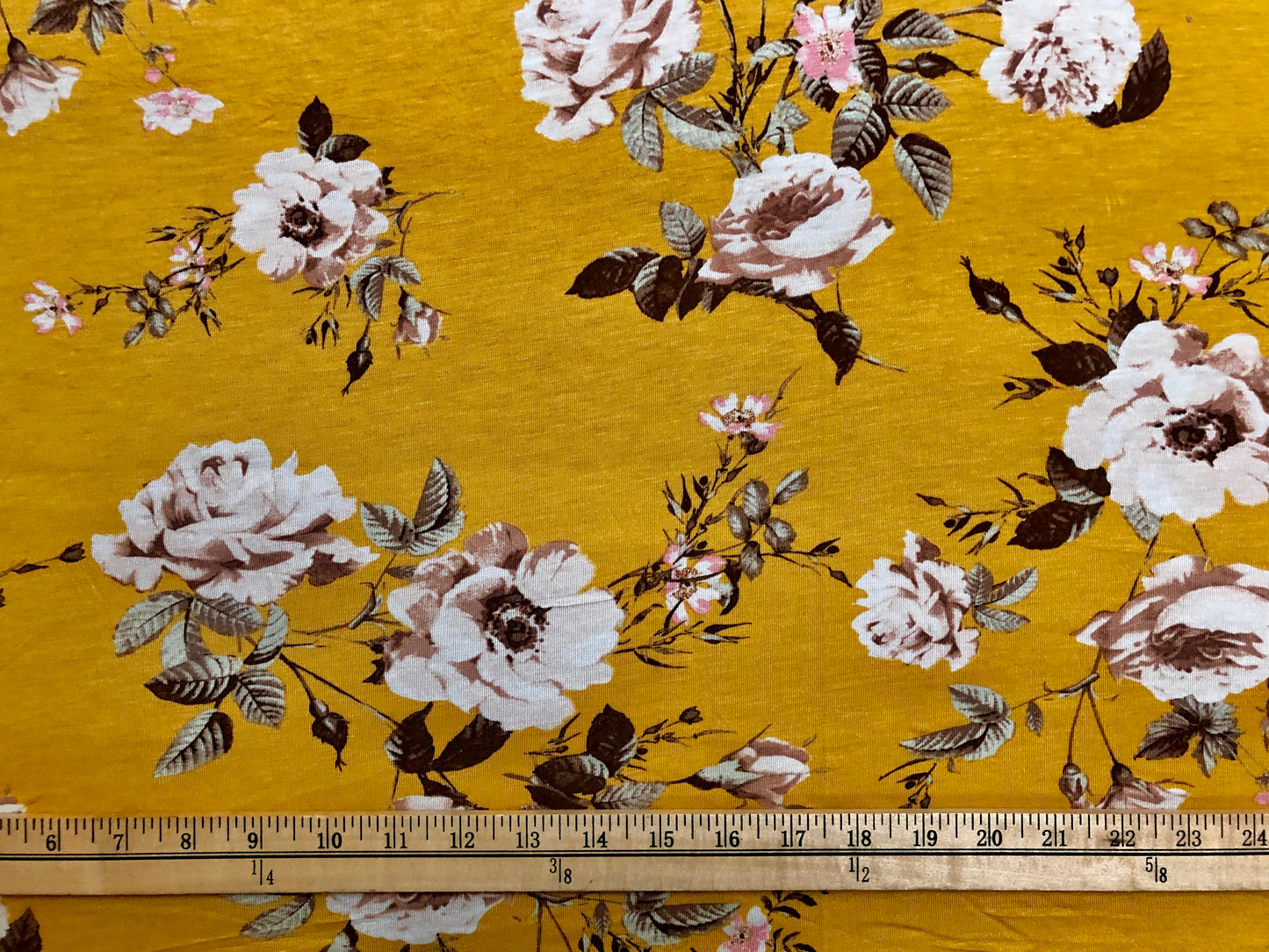 Golden Mustard Rayon Spandex Jersey – Buttery-Soft Drape, Comfy Stretch – Vintage Floral Print – 56" Wide – By the Yard (RSPR08)