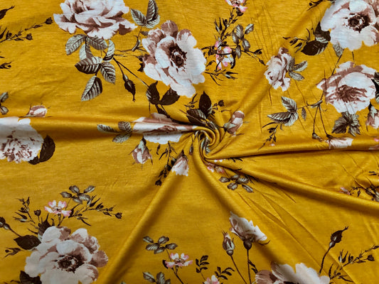 Golden Mustard Rayon Spandex Jersey – Buttery-Soft Drape, Comfy Stretch – Vintage Floral Print – 56" Wide – By the Yard (RSPR08)