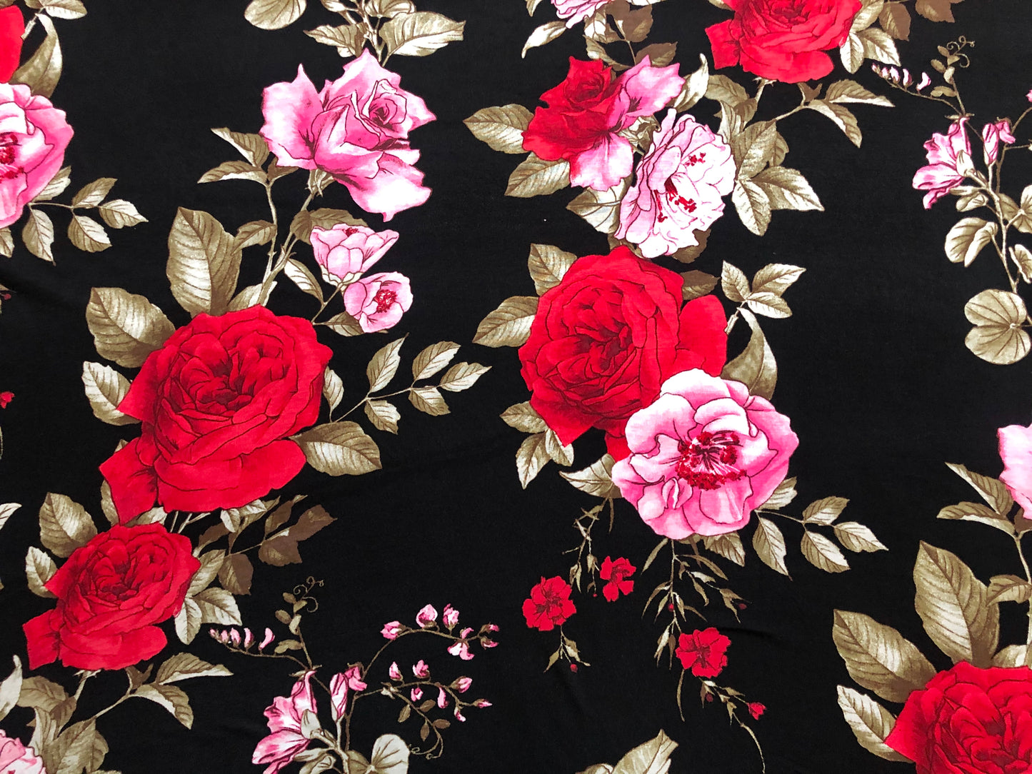 Black Rayon Spandex Jersey – Buttery-Soft Drape, Comfy Stretch – Red & Pink Rose Floral – 56" Wide – By the Yard (RSPR09)