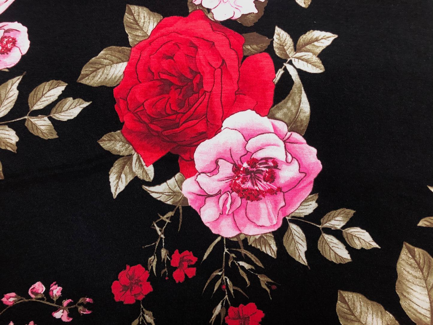 Black Rayon Spandex Jersey – Buttery-Soft Drape, Comfy Stretch – Red & Pink Rose Floral – 56" Wide – By the Yard (RSPR09)